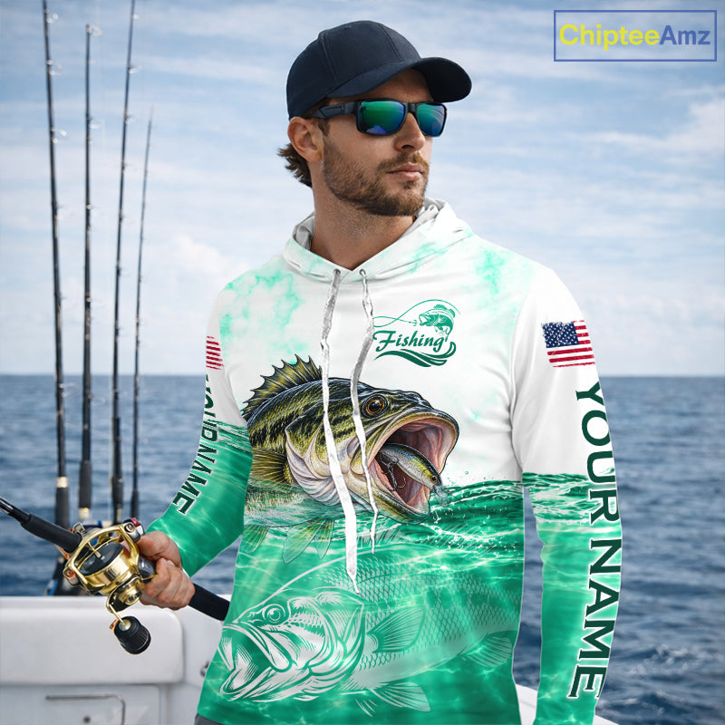 Green Largemouth Bass Fishing Shirt Custom US Flag Blue Ocean Sports Long Sleeve Hooded Jersey