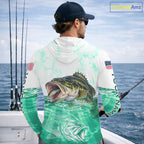 Green Largemouth Bass Fishing Shirt Custom US Flag Blue Ocean Sports Long Sleeve Hooded Jersey