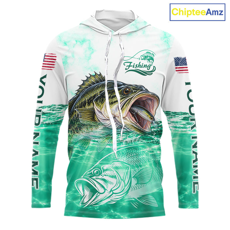 Green Largemouth Bass Fishing Shirt Custom US Flag Blue Ocean Sports Long Sleeve Hooded Jersey