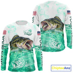 Green Largemouth Bass Fishing Shirt Custom US Flag Blue Ocean Sports Long Sleeve Jersey