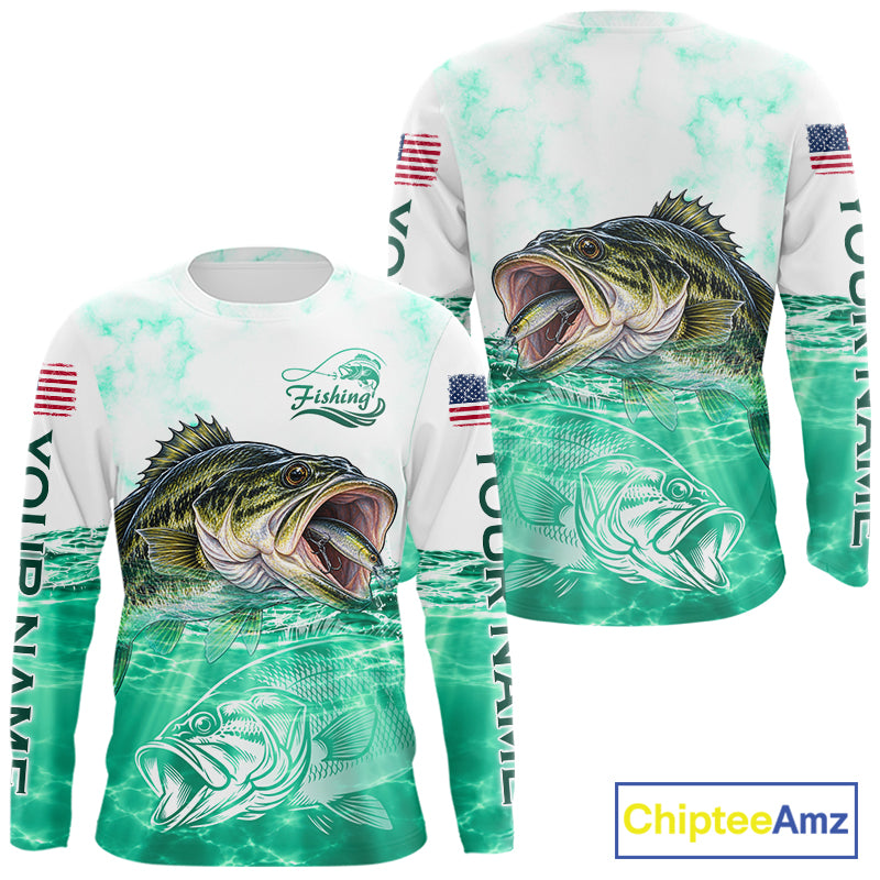 Green Largemouth Bass Fishing Shirt Custom US Flag Blue Ocean Sports Long Sleeve Jersey