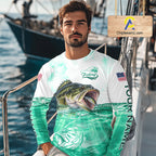 Green Largemouth Bass Fishing Shirt Custom US Flag Blue Ocean Sports Long Sleeve Jersey