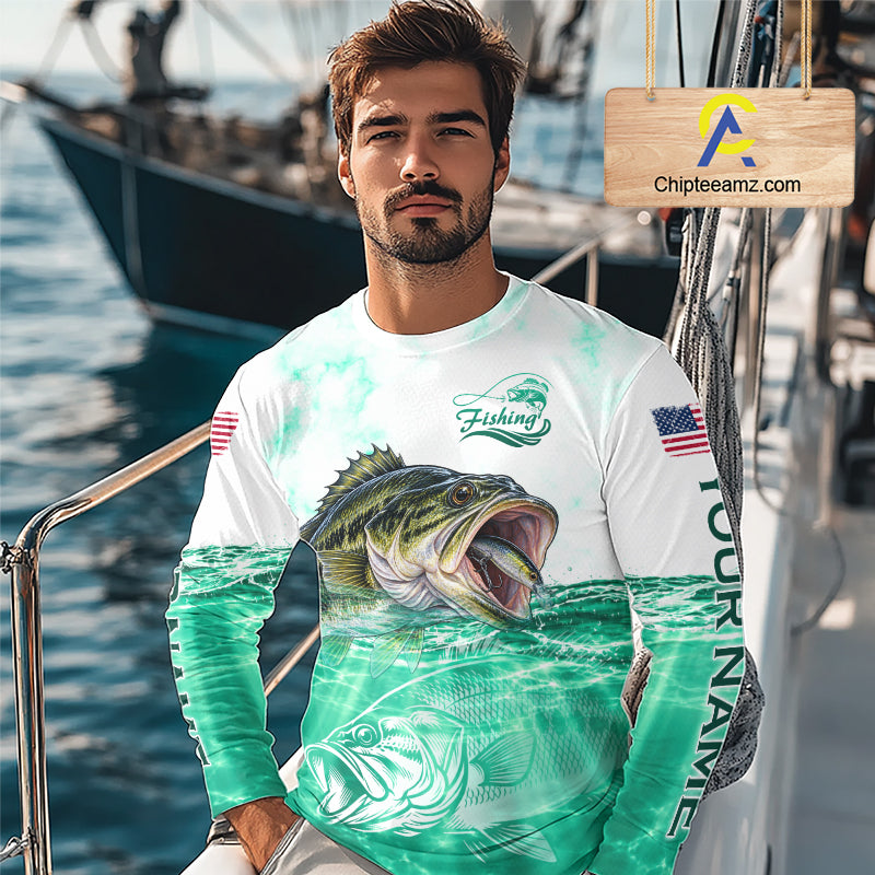 Green Largemouth Bass Fishing Shirt Custom US Flag Blue Ocean Sports Long Sleeve Jersey