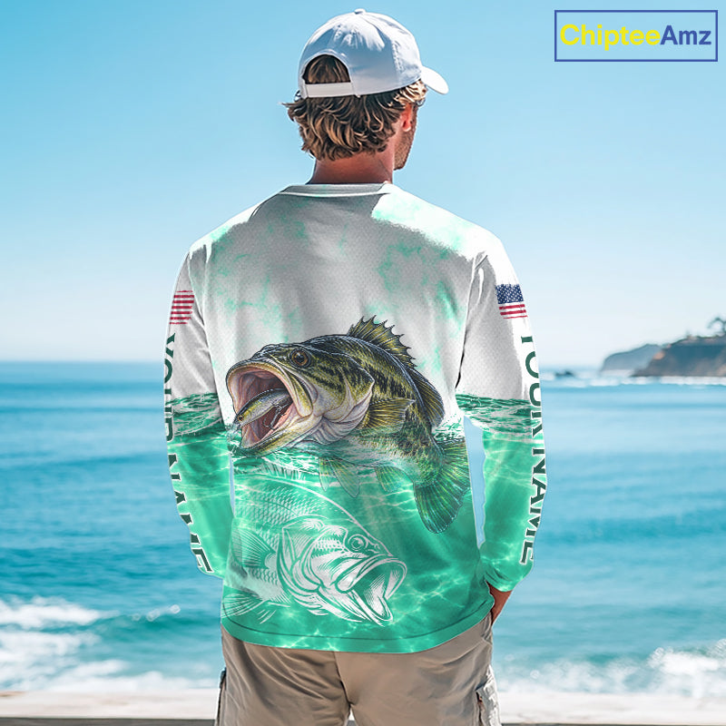 Green Largemouth Bass Fishing Shirt Custom US Flag Blue Ocean Sports Long Sleeve Jersey