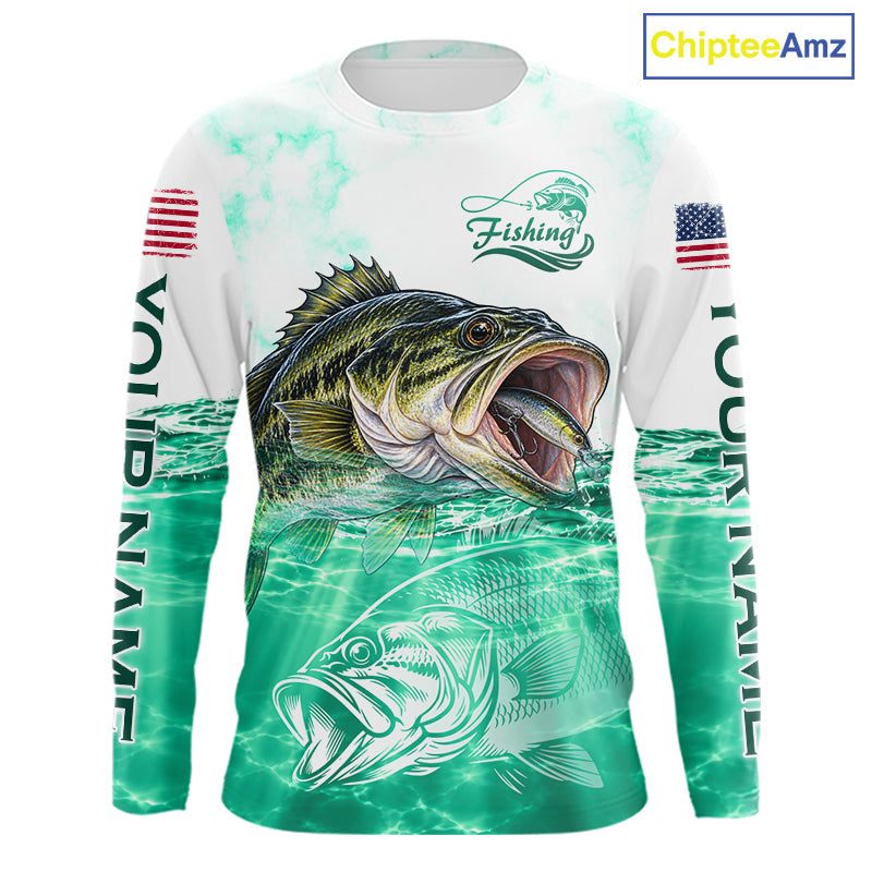 Green Largemouth Bass Fishing Shirt Custom US Flag Blue Ocean Sports Long Sleeve Jersey