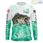 Green Largemouth Bass Fishing Shirt Custom US Flag Blue Ocean Sports Long Sleeve Jersey