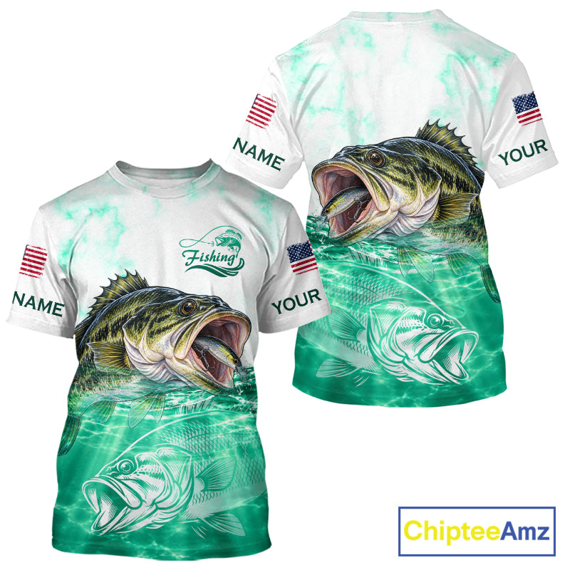 Green Largemouth Bass Fishing Shirt Custom US Flag Blue Ocean Sports Short Sleeve Jersey