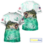 Green Largemouth Bass Fishing Shirt Custom US Flag Blue Ocean Sports Short Sleeve Jersey
