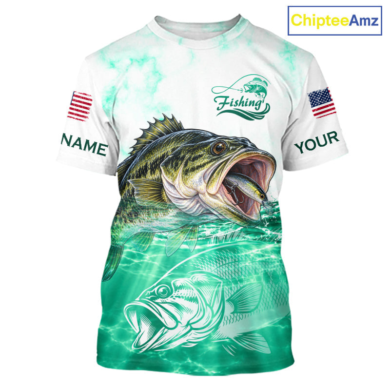 Green Largemouth Bass Fishing Shirt Custom US Flag Blue Ocean Sports Short Sleeve Jersey