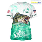 Green Largemouth Bass Fishing Shirt Custom US Flag Blue Ocean Sports Short Sleeve Jersey