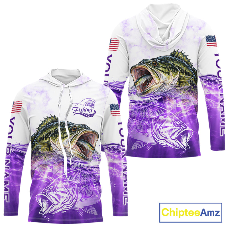 Purple Largemouth Bass Fishing Shirt Custom US Flag Blue Ocean Sports Long Sleeve Hooded Jersey