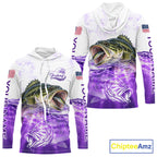 Purple Largemouth Bass Fishing Shirt Custom US Flag Blue Ocean Sports Long Sleeve Hooded Jersey