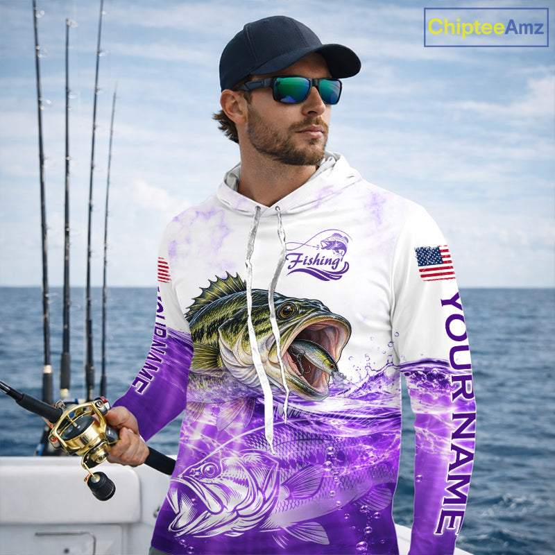 Purple Largemouth Bass Fishing Shirt Custom US Flag Blue Ocean Sports Long Sleeve Hooded Jersey