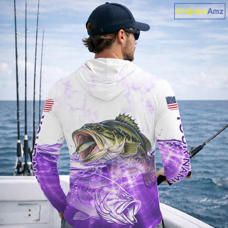 Purple Largemouth Bass Fishing Shirt Custom US Flag Blue Ocean Sports Long Sleeve Hooded Jersey