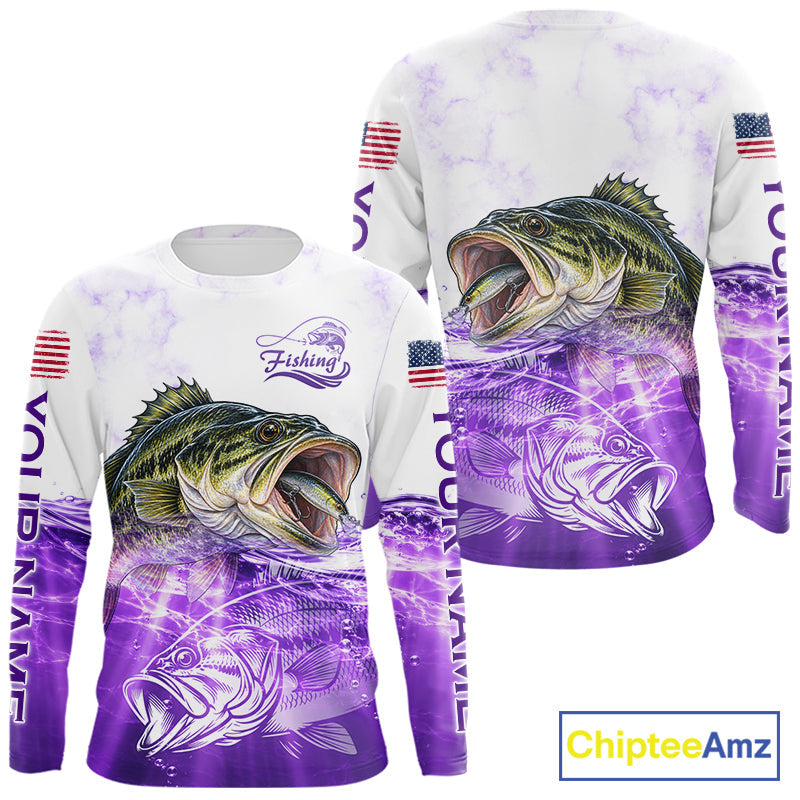 Purple Largemouth Bass Fishing Shirt Custom US Flag Blue Ocean Sports Long Sleeve Jersey