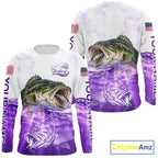 Purple Largemouth Bass Fishing Shirt Custom US Flag Blue Ocean Sports Long Sleeve Jersey