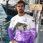 Purple Largemouth Bass Fishing Shirt Custom US Flag Blue Ocean Sports Long Sleeve Jersey