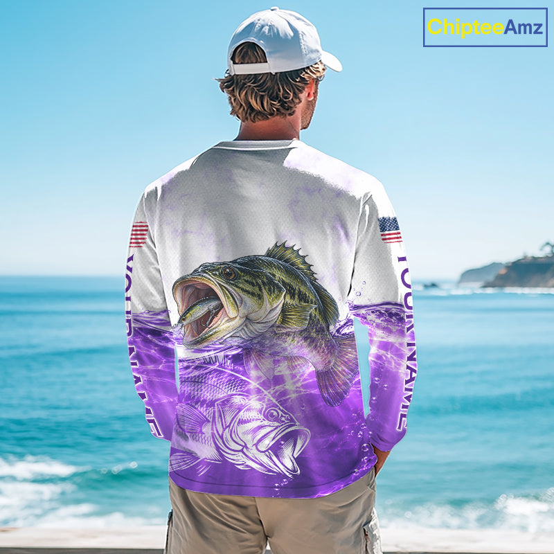 Purple Largemouth Bass Fishing Shirt Custom US Flag Blue Ocean Sports Long Sleeve Jersey