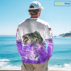Purple Largemouth Bass Fishing Shirt Custom US Flag Blue Ocean Sports Long Sleeve Jersey