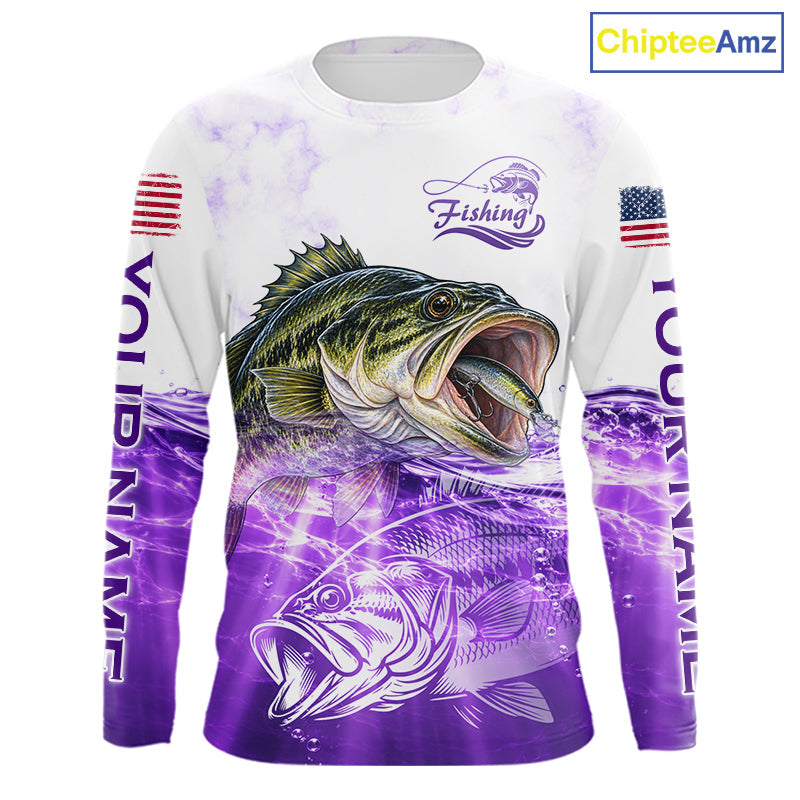 Purple Largemouth Bass Fishing Shirt Custom US Flag Blue Ocean Sports Long Sleeve Jersey