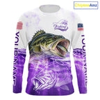 Purple Largemouth Bass Fishing Shirt Custom US Flag Blue Ocean Sports Long Sleeve Jersey
