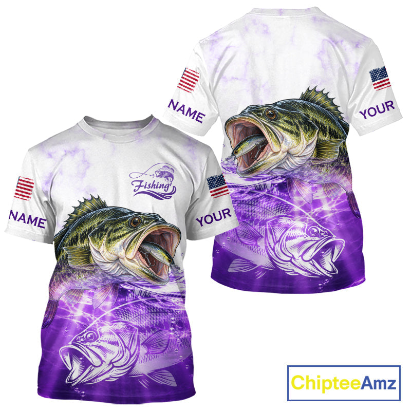 Purple Largemouth Bass Fishing Shirt Custom US Flag Blue Ocean Sports Short Sleeve Jersey