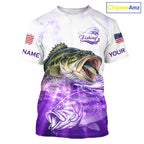 Purple Largemouth Bass Fishing Shirt Custom US Flag Blue Ocean Sports Short Sleeve Jersey