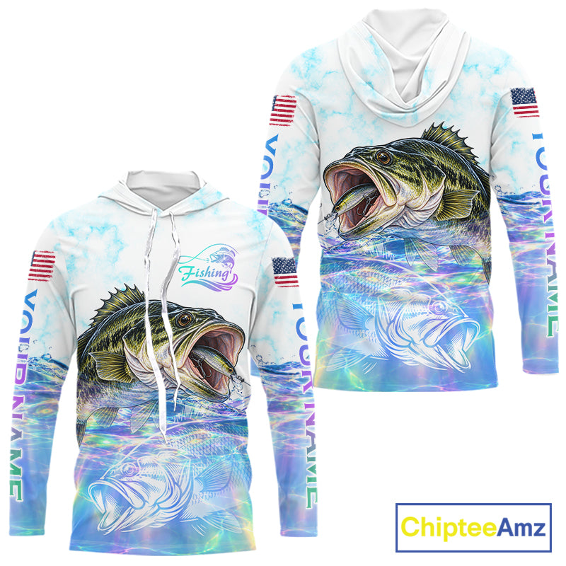 Hologram Largemouth Bass Fishing Shirt Custom US Flag Blue Ocean Sports Long Sleeve Hooded Jersey