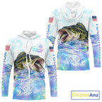 Hologram Largemouth Bass Fishing Shirt Custom US Flag Blue Ocean Sports Long Sleeve Hooded Jersey