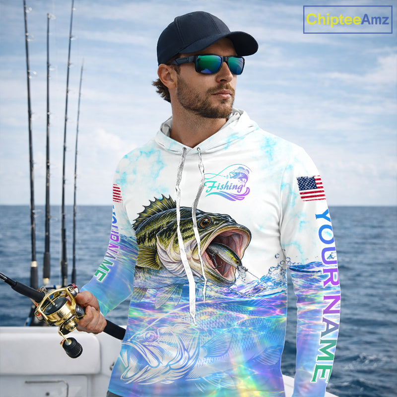Hologram Largemouth Bass Fishing Shirt Custom US Flag Blue Ocean Sports Long Sleeve Hooded Jersey