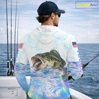 Hologram Largemouth Bass Fishing Shirt Custom US Flag Blue Ocean Sports Long Sleeve Hooded Jersey
