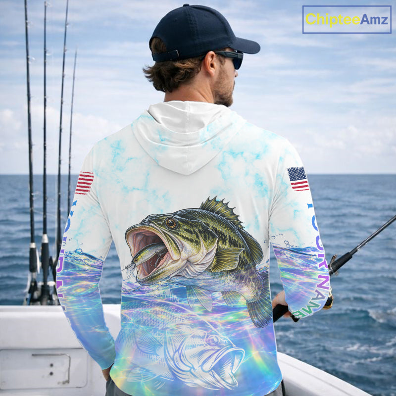 Hologram Largemouth Bass Fishing Shirt Custom US Flag Blue Ocean Sports Long Sleeve Hooded Jersey