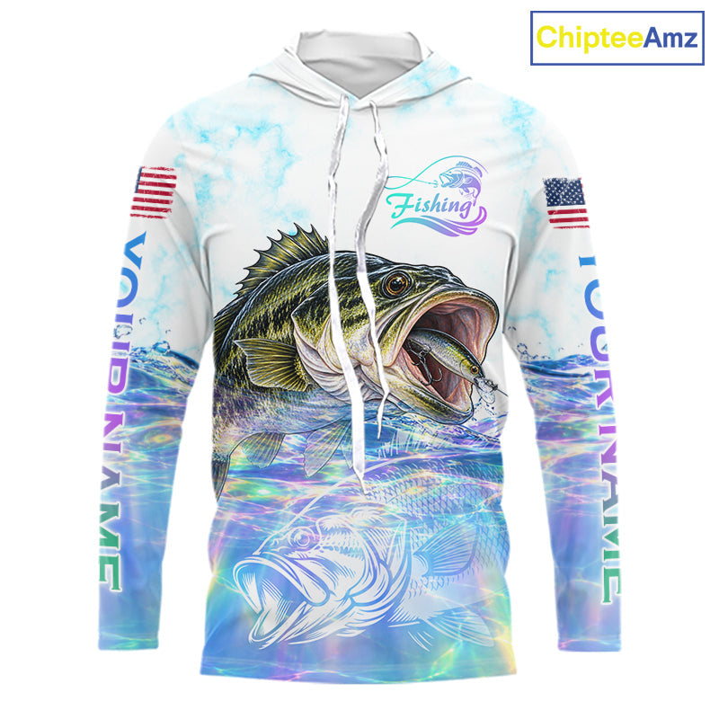 Hologram Largemouth Bass Fishing Shirt Custom US Flag Blue Ocean Sports Long Sleeve Hooded Jersey