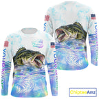 Hologram Largemouth Bass Fishing Shirt Custom US Flag Blue Ocean Sports Long Sleeve Jersey