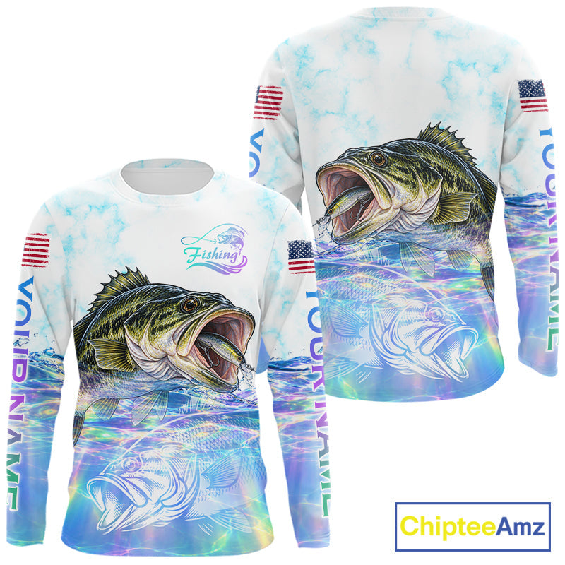 Hologram Largemouth Bass Fishing Shirt Custom US Flag Blue Ocean Sports Long Sleeve Jersey