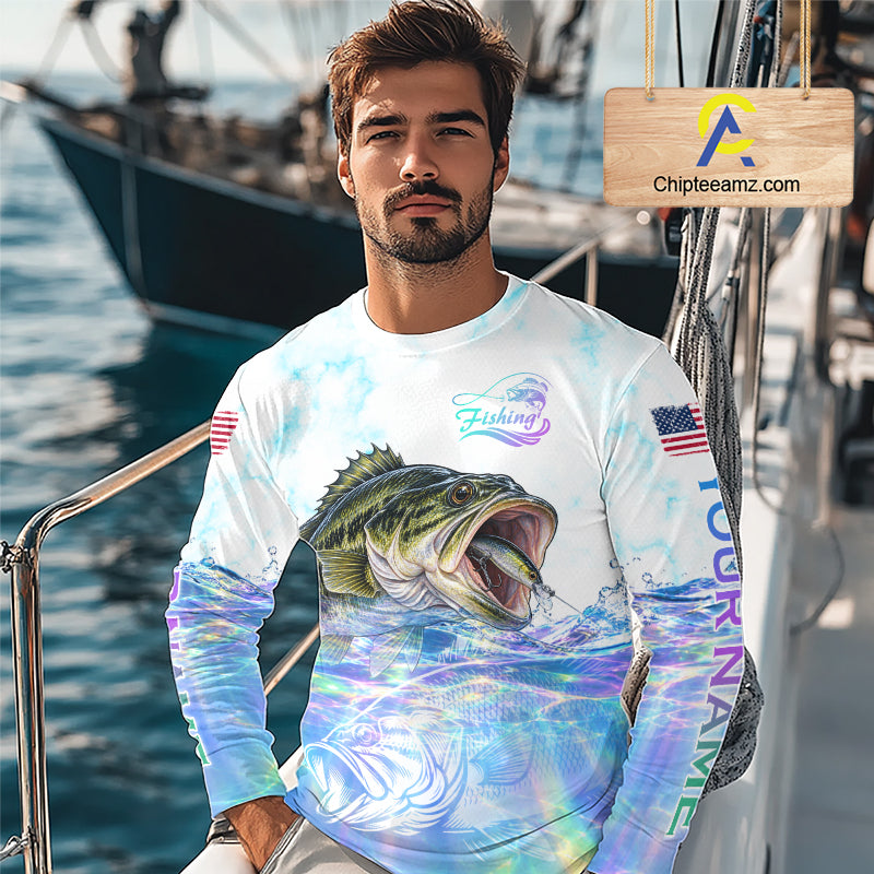 Hologram Largemouth Bass Fishing Shirt Custom US Flag Blue Ocean Sports Long Sleeve Jersey