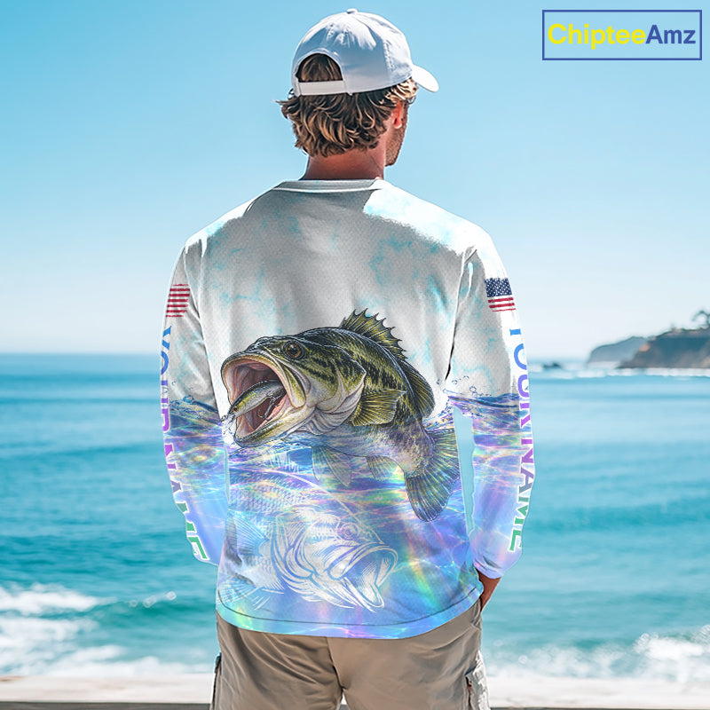 Hologram Largemouth Bass Fishing Shirt Custom US Flag Blue Ocean Sports Long Sleeve Jersey