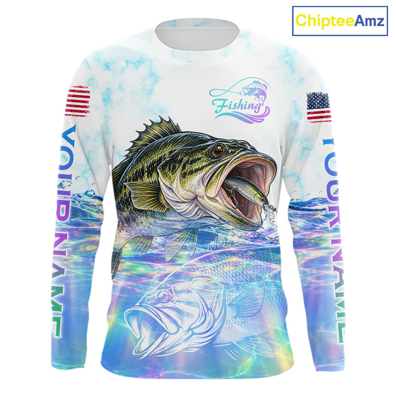 Hologram Largemouth Bass Fishing Shirt Custom US Flag Blue Ocean Sports Long Sleeve Jersey