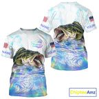 Hologram Largemouth Bass Fishing Shirt Custom US Flag Blue Ocean Sports Short Sleeve Jersey