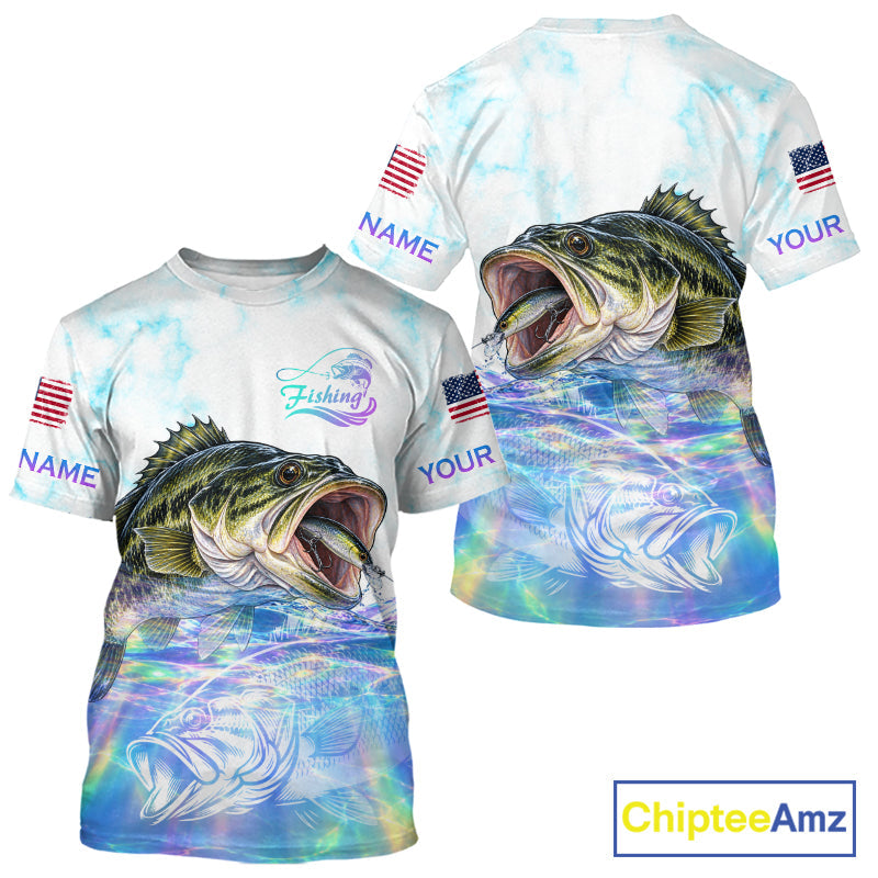 Hologram Largemouth Bass Fishing Shirt Custom US Flag Blue Ocean Sports Short Sleeve Jersey