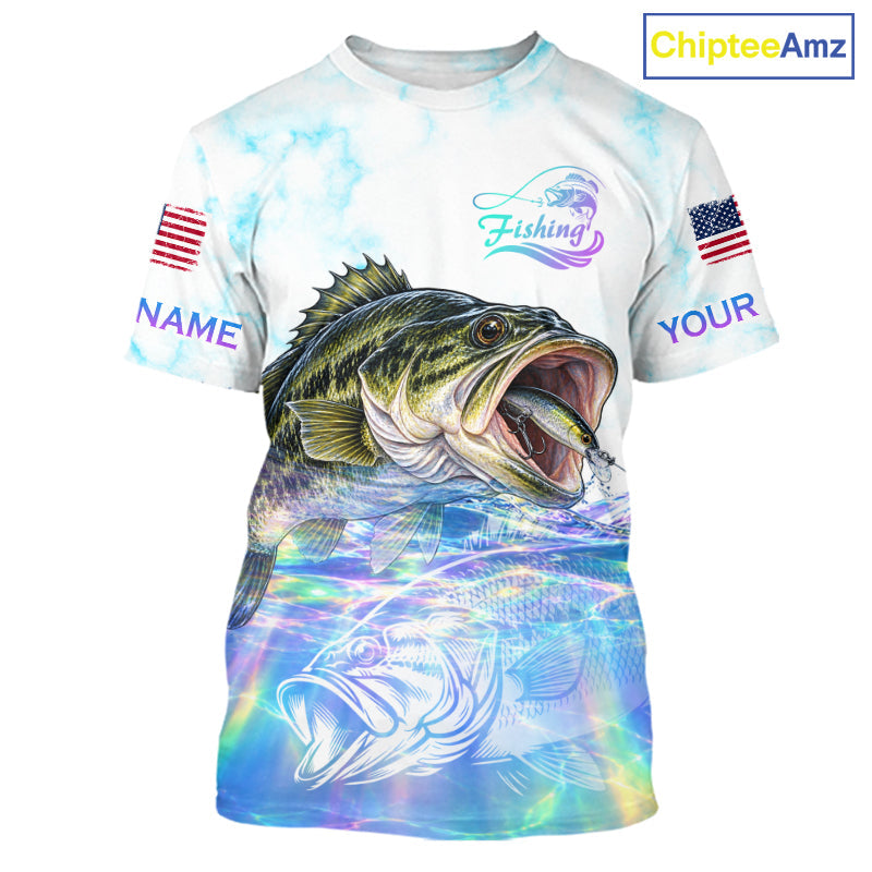 Hologram Largemouth Bass Fishing Shirt Custom US Flag Blue Ocean Sports Short Sleeve Jersey