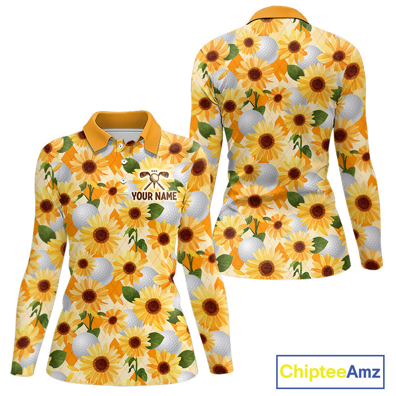 Personalized Sunflower Golf Polo Shirt Custom Name Floral Golf Polo