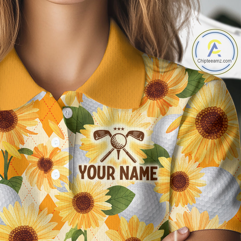 Personalized Sunflower Golf Polo Shirt Custom Name Floral Golf Polo