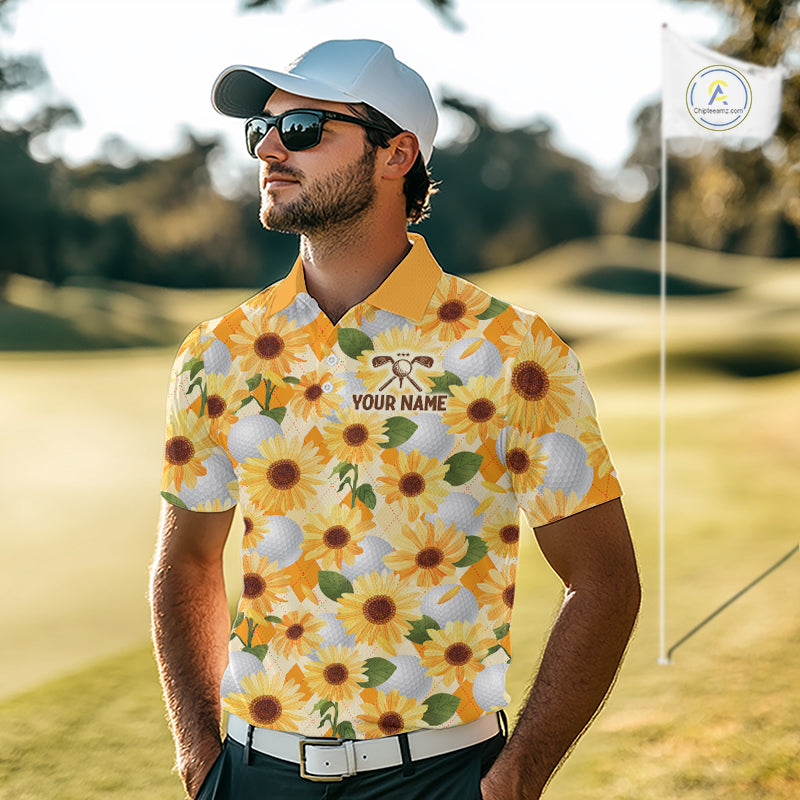 Personalized Sunflower Golf Polo Shirt Custom Name Floral Golf Polo