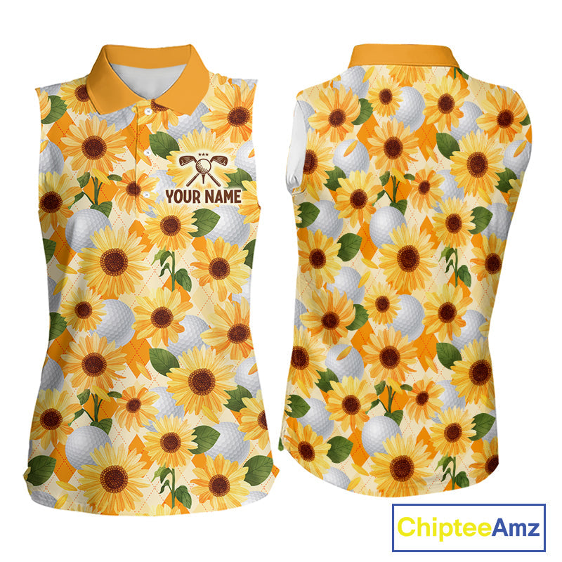 Personalized Sunflower Sleeveless Golf Polo Shirt Custom Name Floral Golf Polo