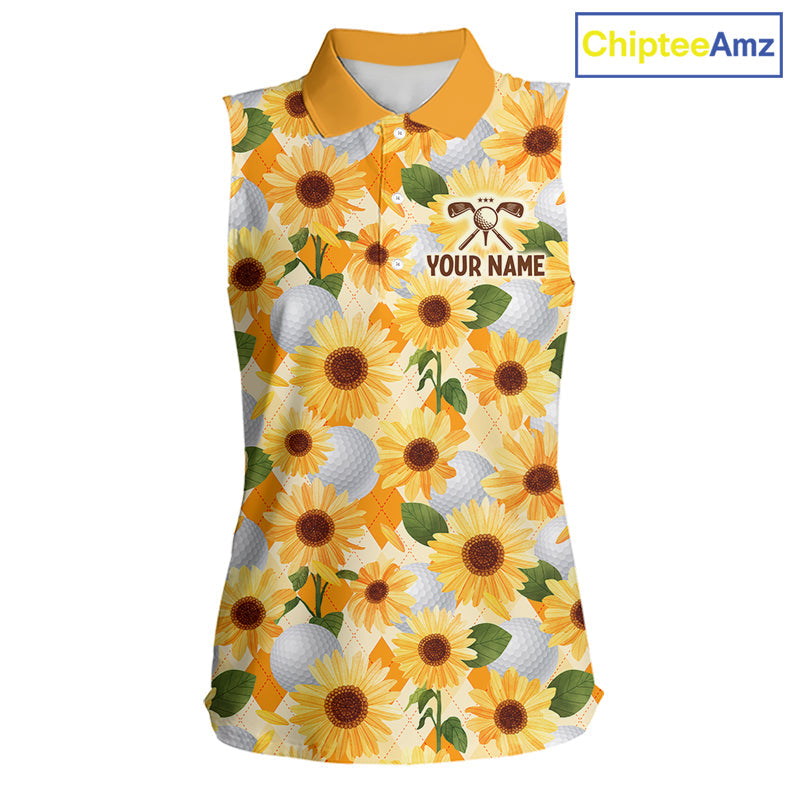 Personalized Sunflower Sleeveless Golf Polo Shirt Custom Name Floral Golf Polo