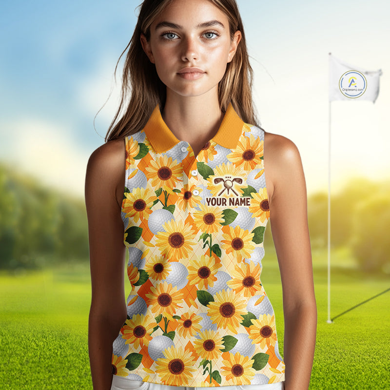 Personalized Sunflower Sleeveless Golf Polo Shirt Custom Name Floral Golf Polo