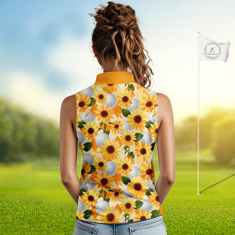 Personalized Sunflower Sleeveless Golf Polo Shirt Custom Name Floral Golf Polo