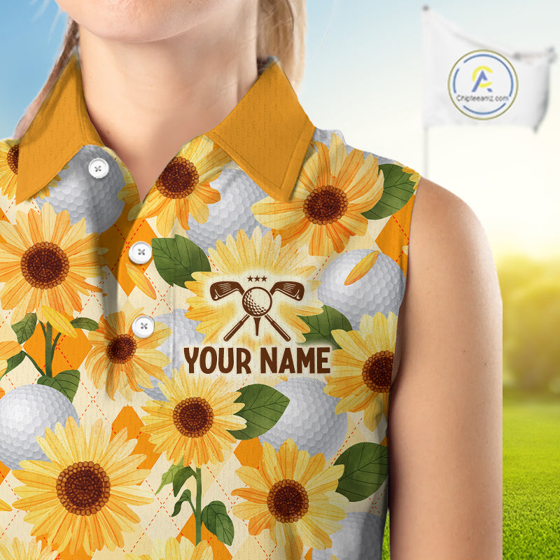 Personalized Sunflower Sleeveless Golf Polo Shirt Custom Name Floral Golf Polo