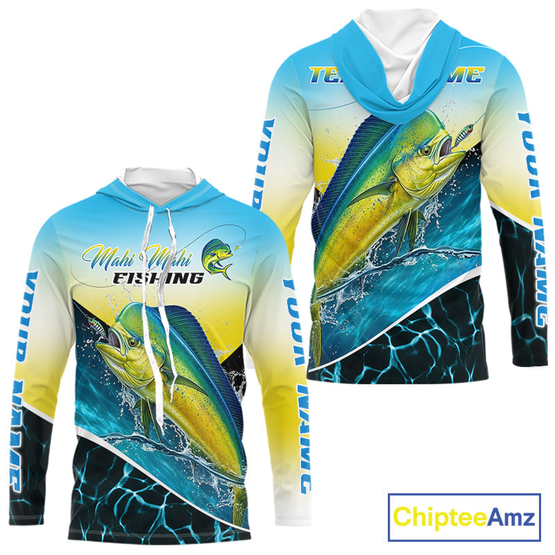 Mahi Mahi Hooded Fishing Shirt Custom Name Upf UV Protection Performance Long Sleeve Gift